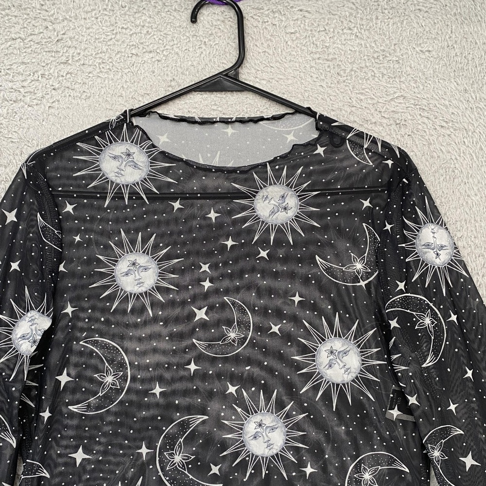 Y2K Mesh Crop T-Shirt Womens XL Black Celestial Moon Sun Sheer Top Whimsical - Picture 4 of 13
